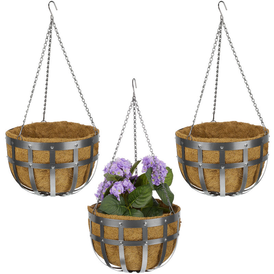 Hanging baskets, set of 3, with coco liner, metal outdoor planter with hook, size 75 x 35 cm, in grey - Relaxdays