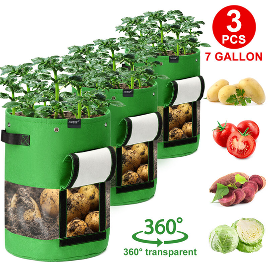 Caveen Potato grow bags, pack of 3 7 gallon plant grow bags with flap and handles for potatoes, tomatoes, carrots, onions