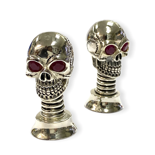 Novelty Skull Pair With Ruby Stone Salt & Pepper Shaker Pots 925 Sterling Silver Plated