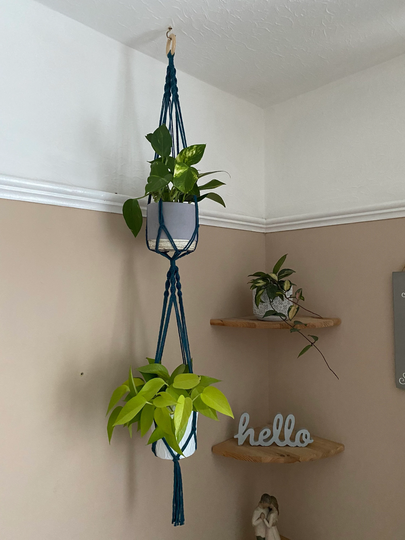Petrol Blue Double Plant Hanger, Large Accessories, Boho Decor, Macrame Pot Holder, Planter