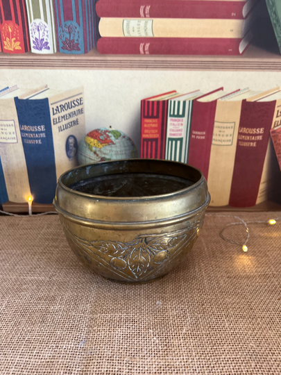A Well Used Vintage Medium Size French Indoor Brass Planter Pot Or Urn