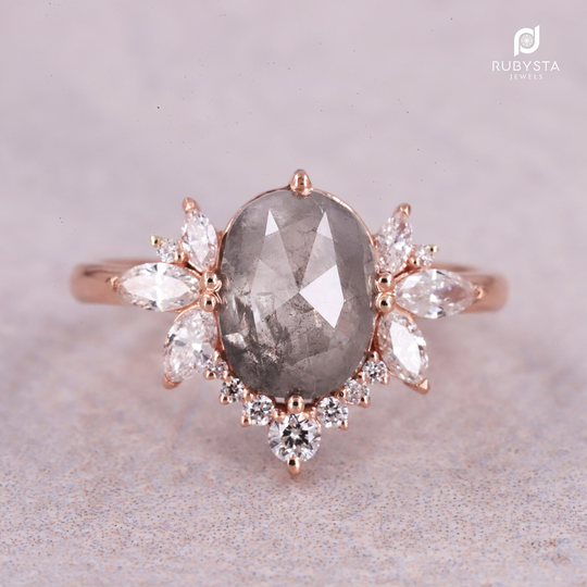 Salt & Pepper Diamond Ring | Engagement Oval Black Art Deco Natural