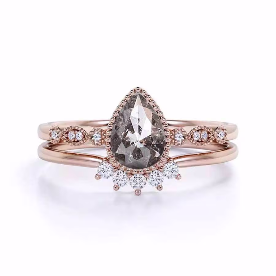 Pear Salt & Pepper Diamond Art Deco Ring With Wedding Band | Dainty 9K/14K/18K Rose Gold Engagement