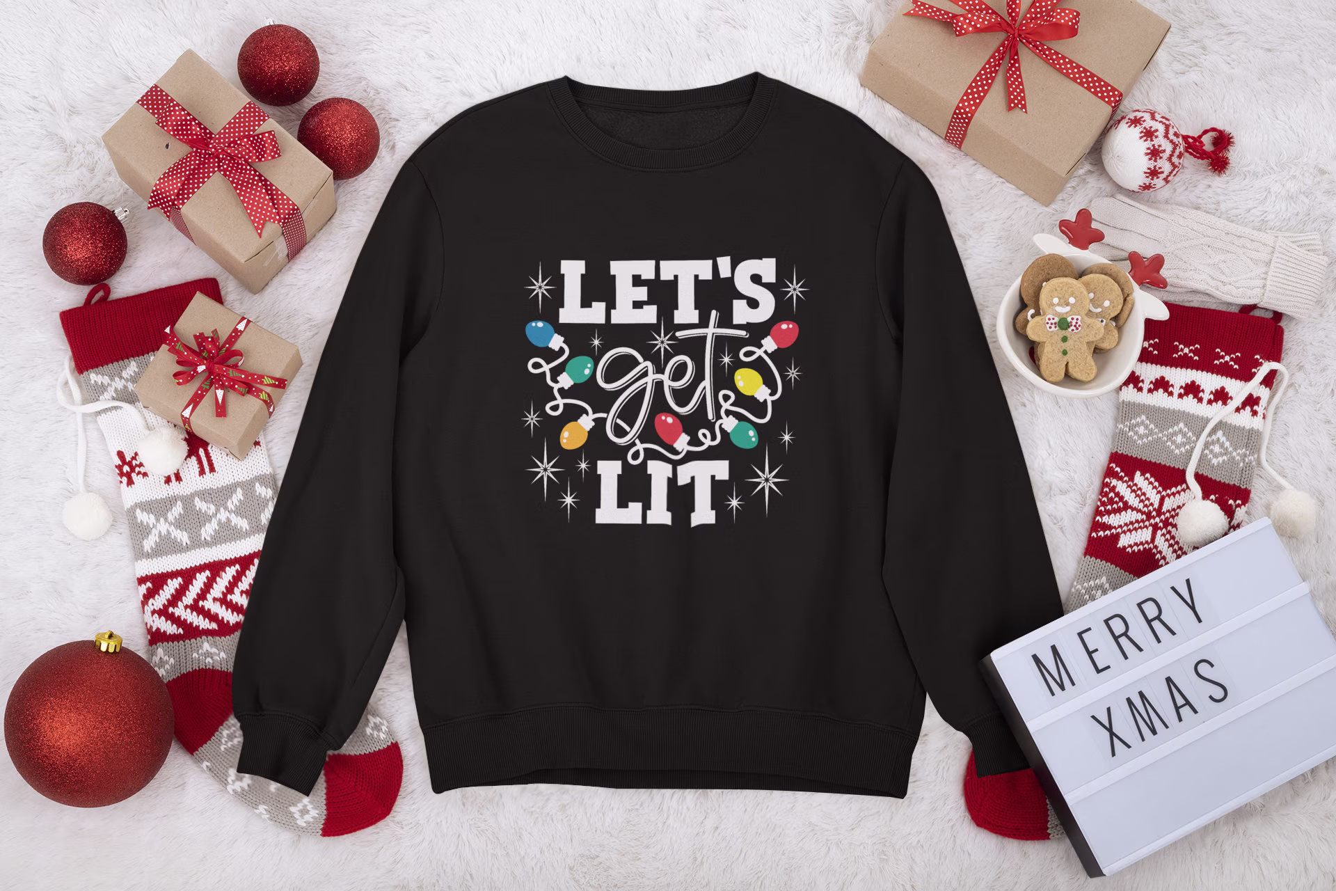 Let's Get Lit Sweatshirt | Christmas Lights Merry Xmas Gift Holiday Season Lover Decorations Funny
