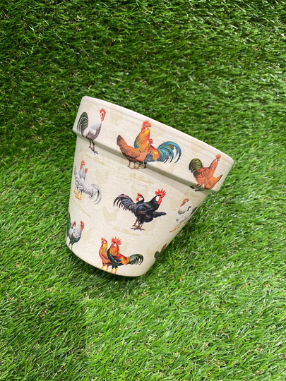 Chicken Plant Pot, Chicken Lover Gift, 15cm Decoupaged Terracotta Indoor Pot