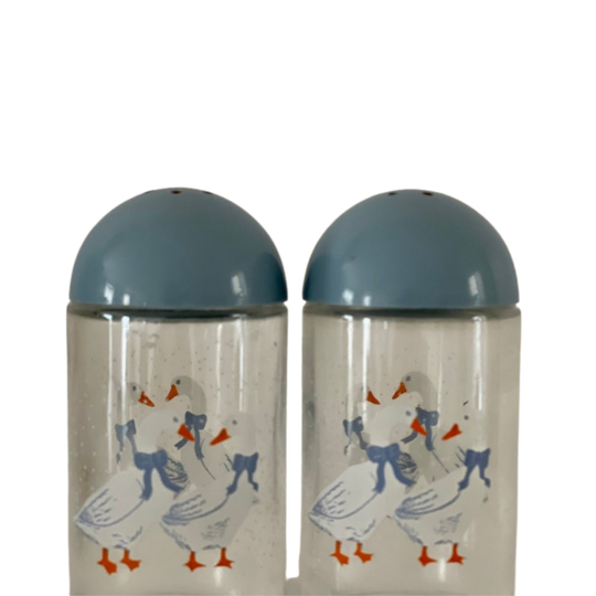 Blue Ribbon White Geese Vintage Salt & Pepper Shakers, 80's 90's Kitchen Decor