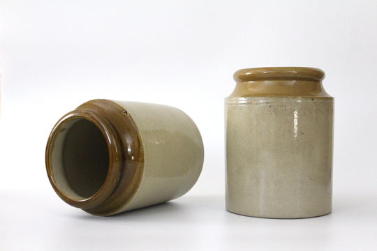 Pair Of Large Antique Two-Tone Salt Glazed Stoneware Ceramic Pots || Traditional British Victorian Earthenware Jars Vintage Home Decor