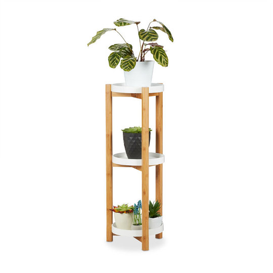 Relaxdays Plant Stand, 3 Tiers, Bamboo & MDF, Round, Modern Plant Pot Shelves for Indoors, H x D: 79 x 30 x 30 cm, Natural/White