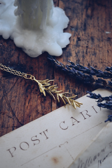 Brass Rosemary Leaf Necklace, Twig Botanical Gold Herb Necklace