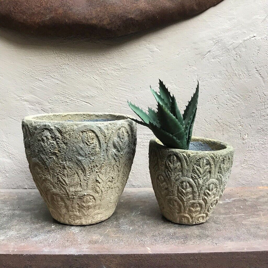 Rustic Safari Floral Etched Concrete Stone Plant Pot Cover Planter, Embossed Indoor Flower Planter Large Small
