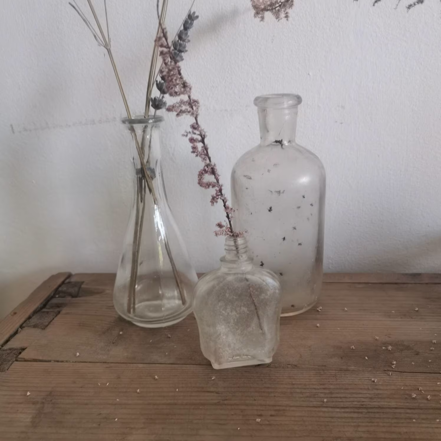 Mini Glass Bottles Antique Flower Vases, Vintage Home Decor, Unique Design, Crafted, European Set Of 3 Rustic Herbal Decor