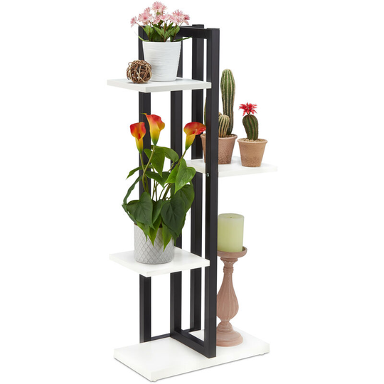 Relaxdays - Metal Flower Stand, 4-Tier Indoor Pot Shelf Ladder, Wooden Look, HxWxD: 93 x 42.5 x 22.5 cm, Plant Rack, White