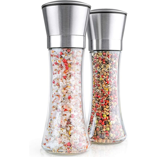 Salt and pepper mills, mills - modern salt and pepper mills made of stainless steel and glass without fragrance