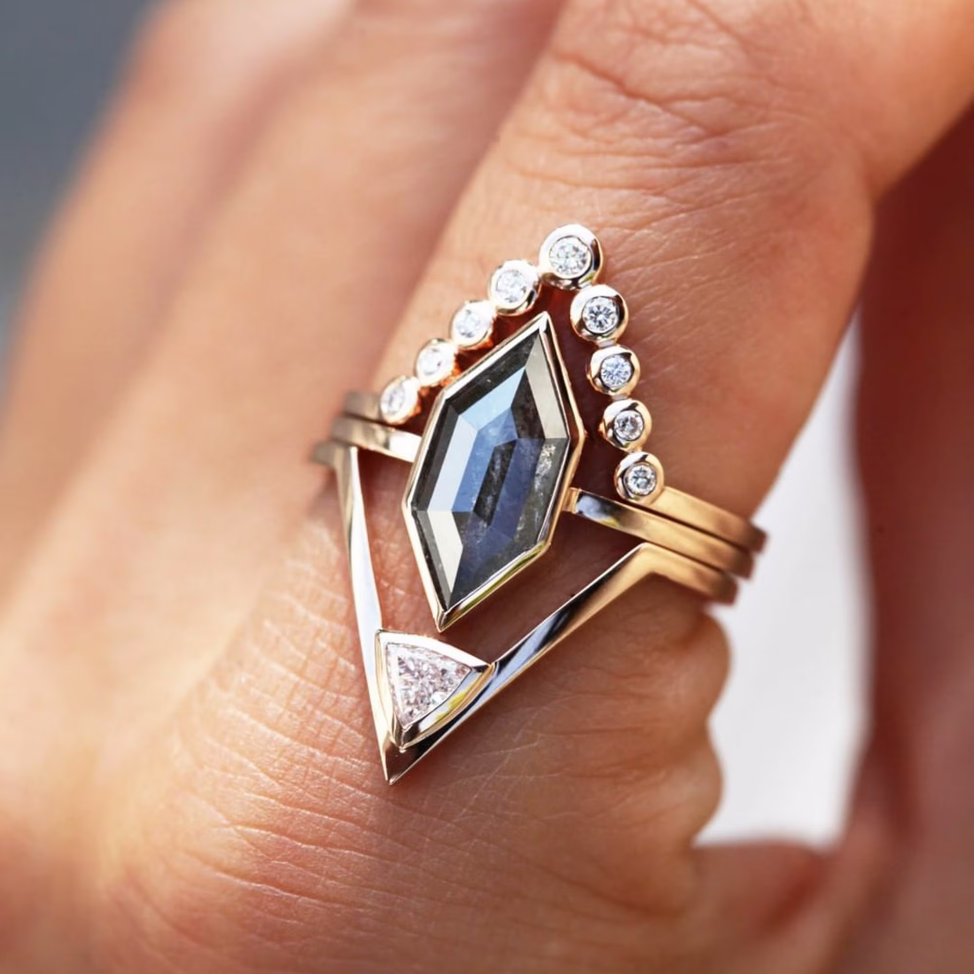 Bridal Set Salt & Papper Hexagon Moissanite Engagement Ring + 2 V Shape 14K Yellow Gold Wedding Band Antique Matching Ring Forever