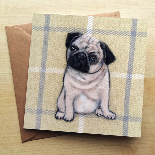 Pug Greetings Card By Sharon Salt | Dog On Tartan Code Sa11G