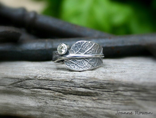 Sage Leaf Ring With Cubic Zirconia, Ethical Engagement Ring, Recycled Sterling Silver, Diamond Alternative Wedding