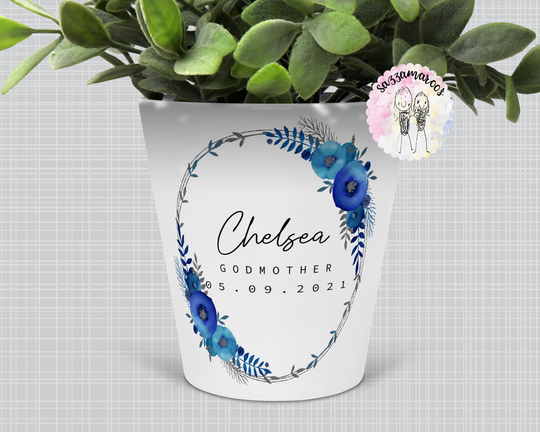 Personalised Godmother Plant Pot | Blue Planter Christening Gift For Godfather Baptism Gift Godparents Proposal New Baby