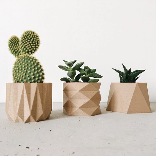Set Of 3 Small Geometric & Minimalist Pots Planters Design Hygge Scandinavian Printed in Wood For Succulents Or Cacti Original Gift