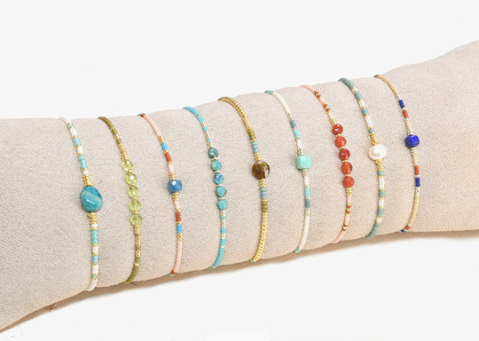 Turquoise & Gold Seed Beads Bracelet With Gemstone, Dainty Layering Wristlet, Amazonite Jewelry, Silver, Rose