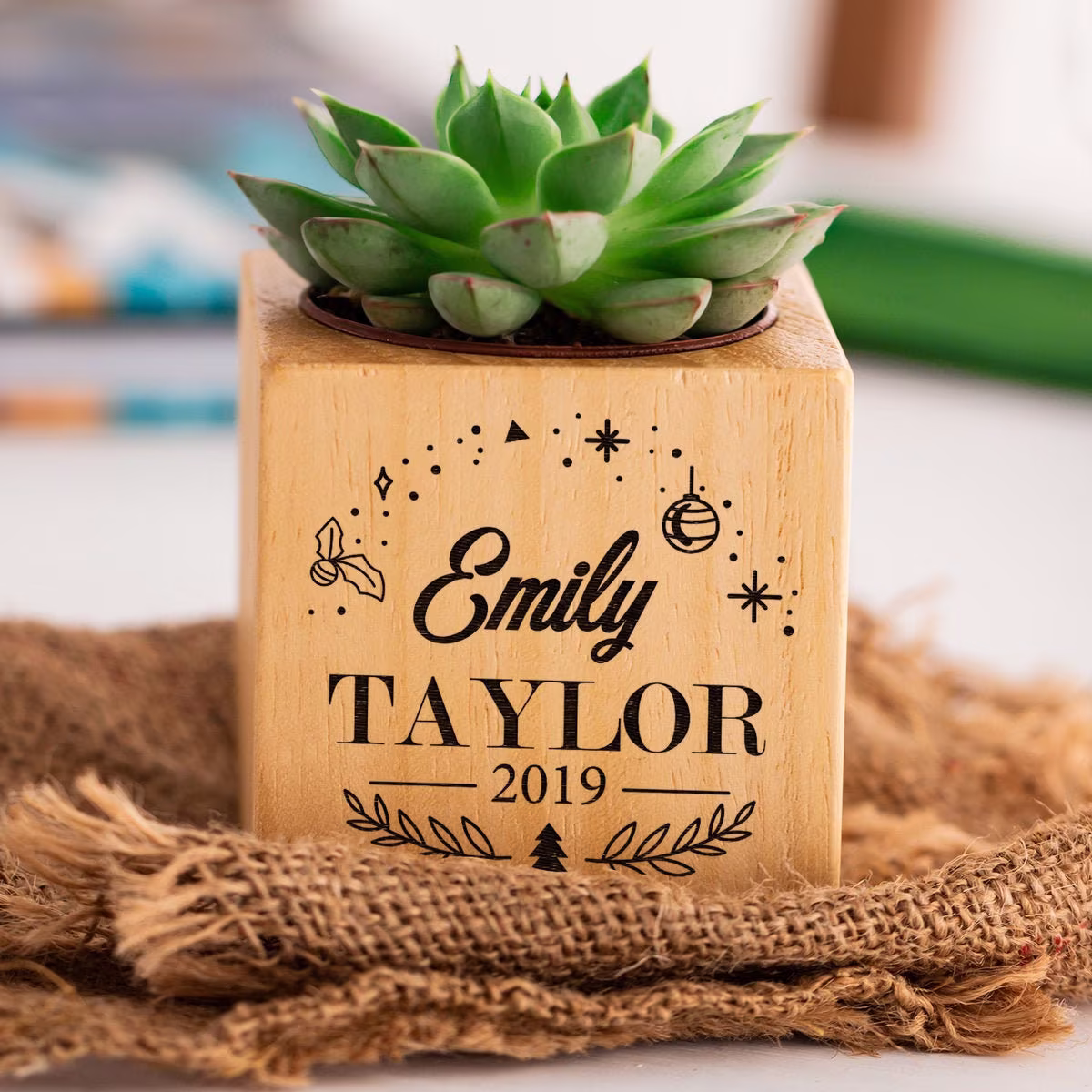 Custom Succulent Planter As Valentines Day Gifts For Her. Wooden Flower Box Desk Housewarming Gift. Engraved Flowerpot