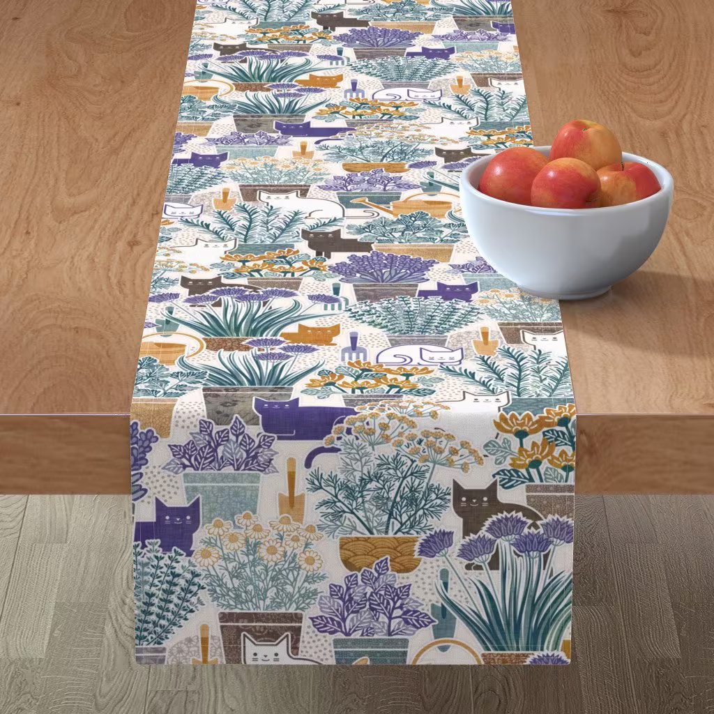 Whimsical Cats Table Runner - Herb Garden With By Patricia_Lima Modern Botanical Teal Green Cotton Sateen Spoonflower