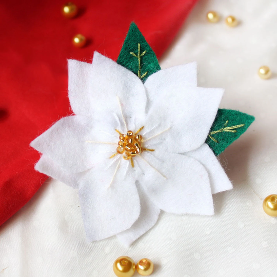 White Poinsettia Christmas Brooch, Hand Embroidered Felt Flower Winter Coat Festive Season Holiday Jewelry