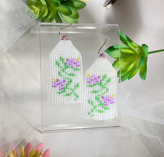 Matte Clear & Purple Floral Seed Bead Fringe Earrings