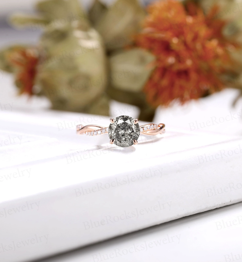 Vintage Round Salt & Pepper Diamond Engagement Ring, Rose Gold Band, Unique Twist Diamond Bridal Delicate Anniversary Promise Ring