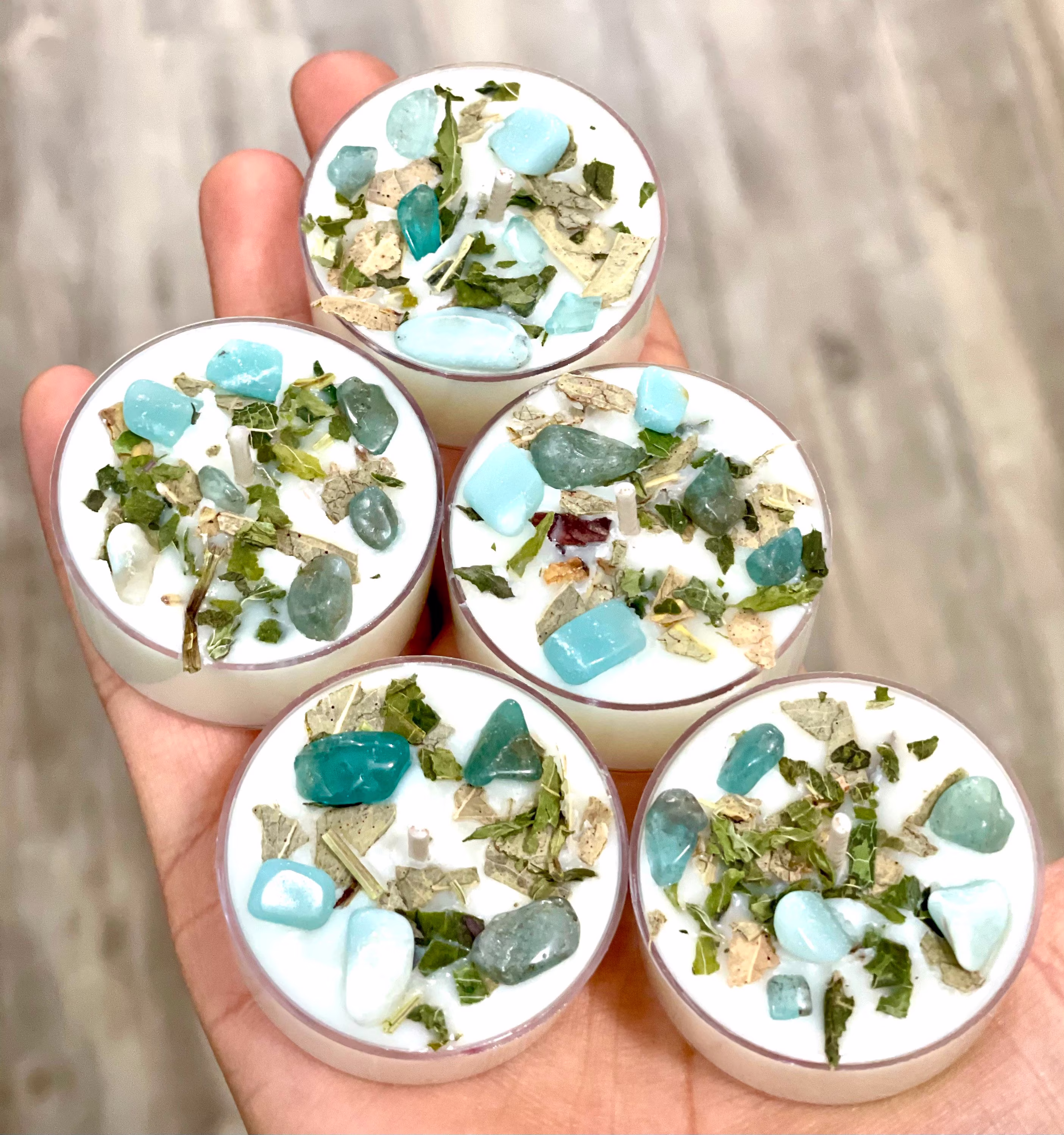 Eucalyptus Aromatherapy Soy Candle | Pack Of 5 Tea Light Candles Party Favors Gift Throat Chakra Crystals Herbs
