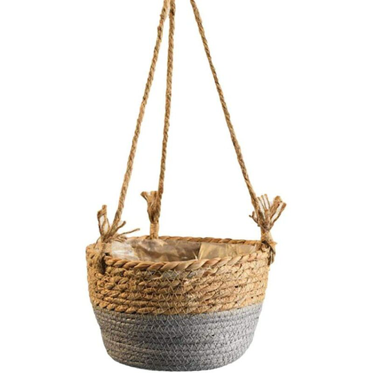 Jute Rope Hanging Planter - Collapsible Seagrass Macrame Basket - for Succulent Plants, Indoor Outdoor Decor Gray