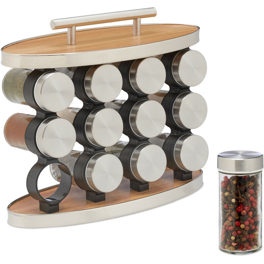 Relaxdays Spice Rack, 12 Glass Jars, Stainless Steel, H x W x D: 23.5 x 28 x 12 cm, Silver/Natural