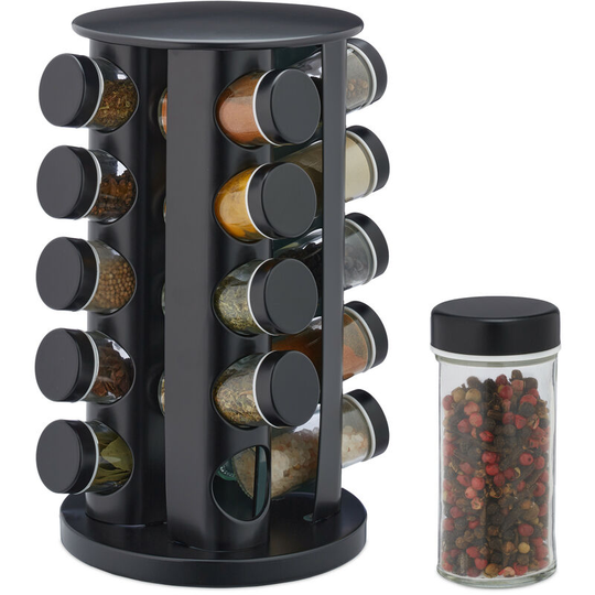 Spice Rack, 20 Glass Jars, Rotatable, Stainless Steel, h x d: approx. 33.5 x 19 cm, Black - Relaxdays