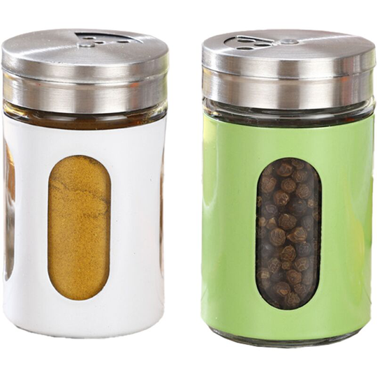 Salt and Pepper Shakers Stainless Steel and Glass Set with Adjustable Pour Holes 1pcs green+1pcs white