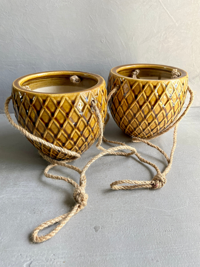 Hanging Patterned Pots | Glazed Clay Pots With Natural Thread Stylish Design Stunning Planter Earthenware Caramel
