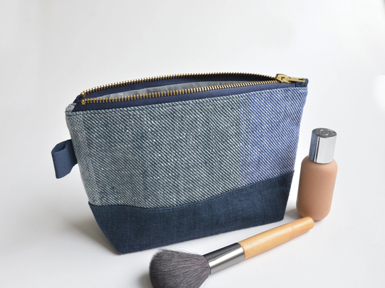 Navy Blue Linen Toiletry Bag Unisex - Medium Size Organizer Zip Pouch Medicine Bag