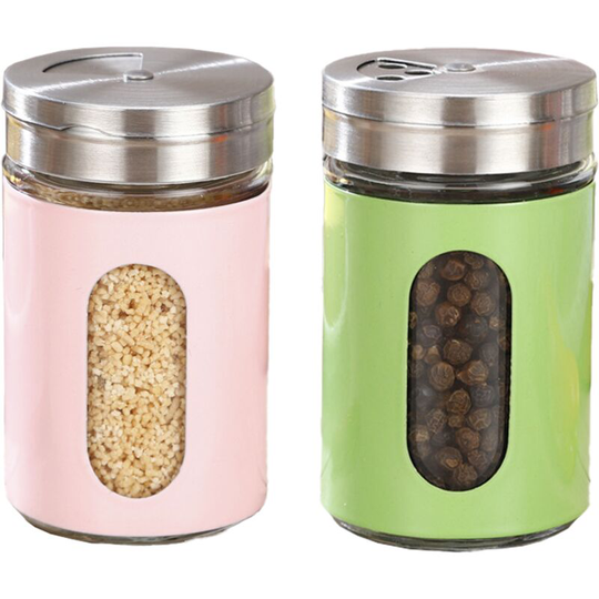Salt and Pepper Shakers Stainless Steel and Glass Set with Adjustable Pour Holes 1pcs green+1pcs pink