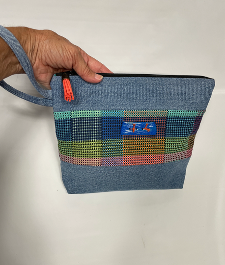 Handwoven Zippered Clutch Bag/Denim Cosmetic Pouch/Unique Eco Friendly Wristlet B513
