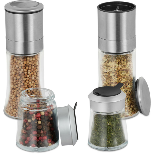 2x Spice Shakers and 2x Spice Mills, Ceramic Grinder, Dosing Aid, 12.5 x 5 cm, Glass & Stainless Steel, Silver - Relaxdays