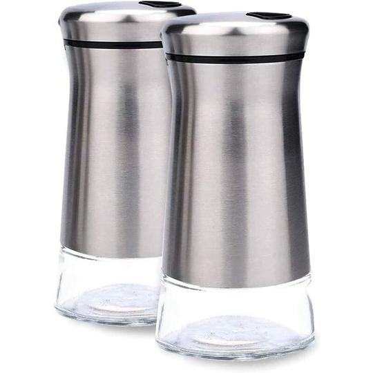 Set of 2 glass and stainless steel salt and pepper shakers with adjustable pouring holes.