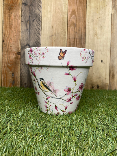 Bird Decoupaged Plant Pot, Pink Flowers Pretty Flowers, Bird Gift