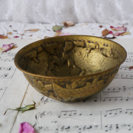 Small Vintage Brass Bowl With Embossed Motifs
