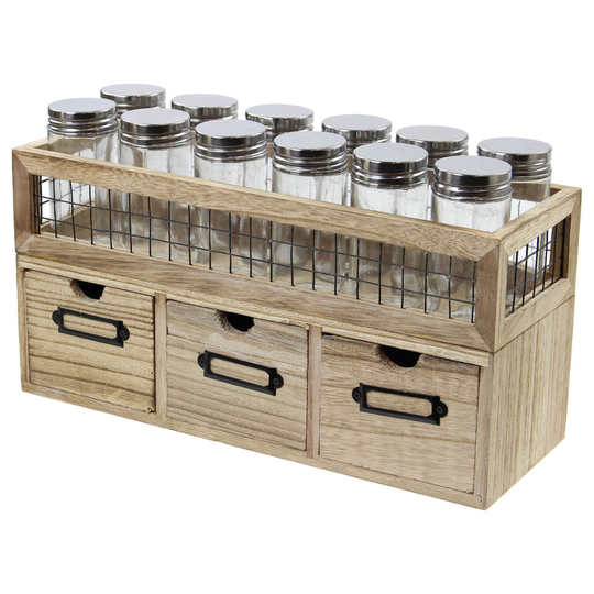 Set Of 12 Clear Glass Herb Spice Jars 3 Drawer Wooden Storage Cabinet Rack Stand