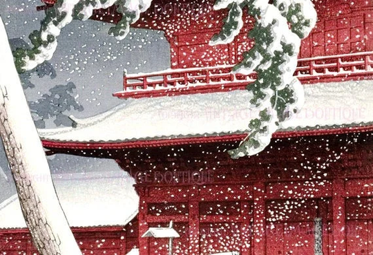 Antique Victorian Japanese Scene Of A Red Temple Covered in Snow Christmas Season Winter Solstice Holiday 5x7 Greeting Card
