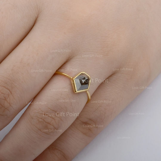 Genuine 0.85 Ct. Salt & Pepper Geometric Diamond Solitaire Ring in Solid 14K Yellow/Rose/White Gold Dainty Jewelry Birthday Gift For Her