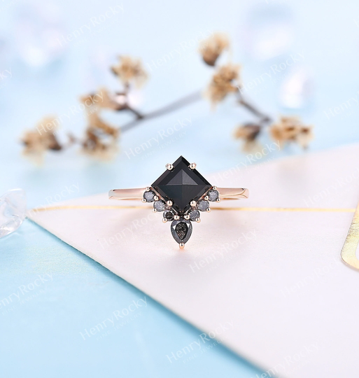 Vintage Black Onyx Engagement Ring Rose Gold Square Cut Salt & Pepper Diamond Art Deco Bridal Anniversary Promise