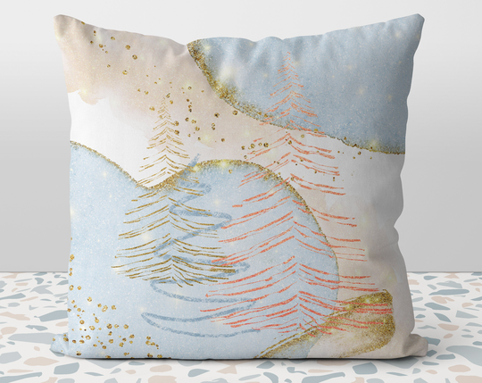 Christmas Elegant Glam Trees Seasons Greetings Pastel Blue Gold Square Decor Pillow With Cover Throw Insert
