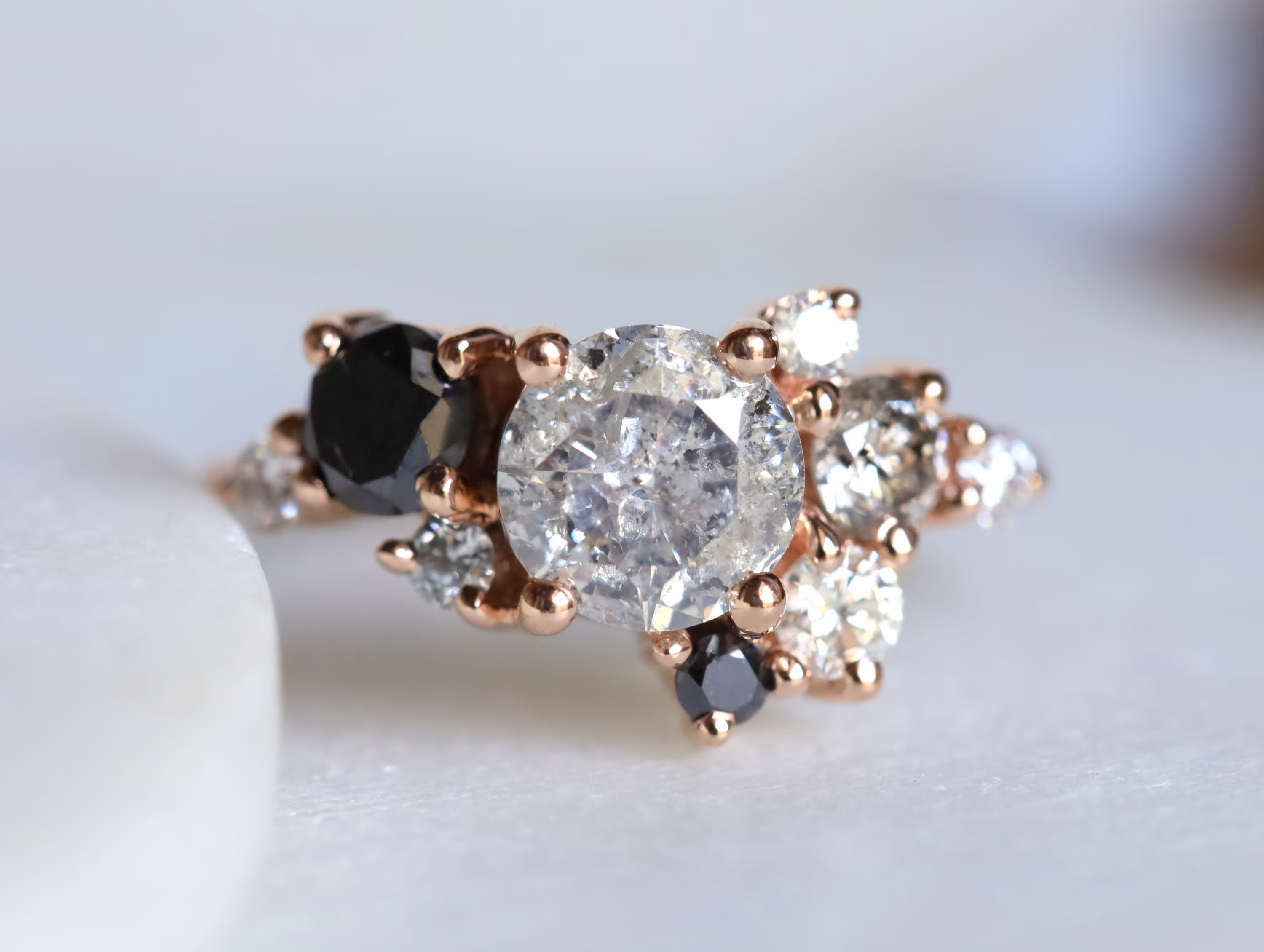 Grey Diamond Cluster Ring, 1Ct Salt & Pepper Ring, Cluster Engagement Cluster, Gray Engagement Ring