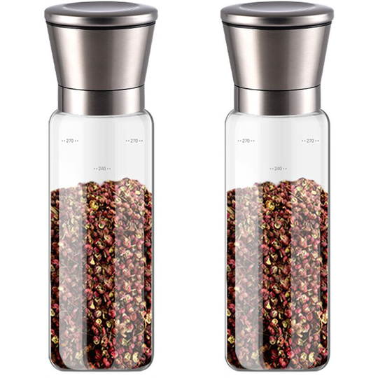 Salt and Pepper Grinder Refillable Stainless Steel Salt and Spice Shakers,Adjustable Glass Body New 300ml stainless steel cap