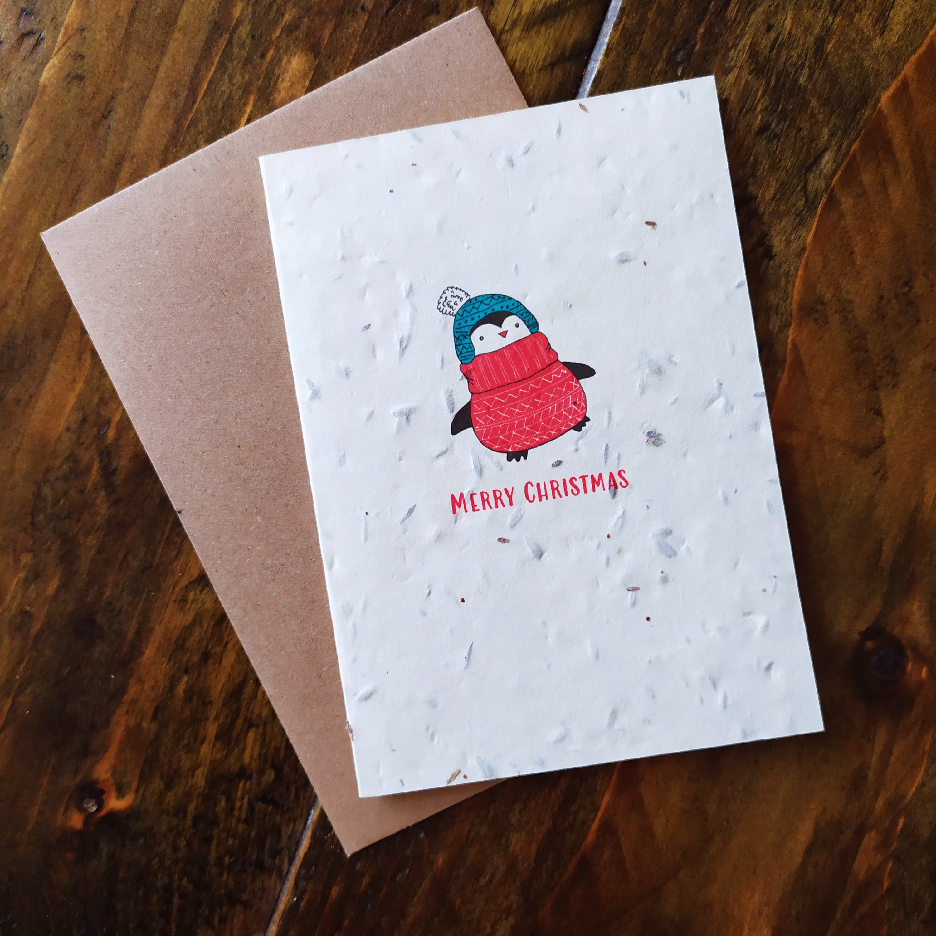 Christmas Seed Paper Greetings Card, Penguin A6, Embedded Wildflowers, Recycled, Compostable & Cute Zero Waste & Multi-Use Vida Natural
