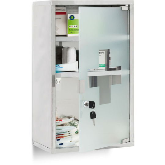 Relaxdays - emergency Medicine Cabinet xl, Stainless Steel, 50.5 x 30 x 18 cm with 3 Shelves And Glass-Door, Lockable With 2 Keys, Silver